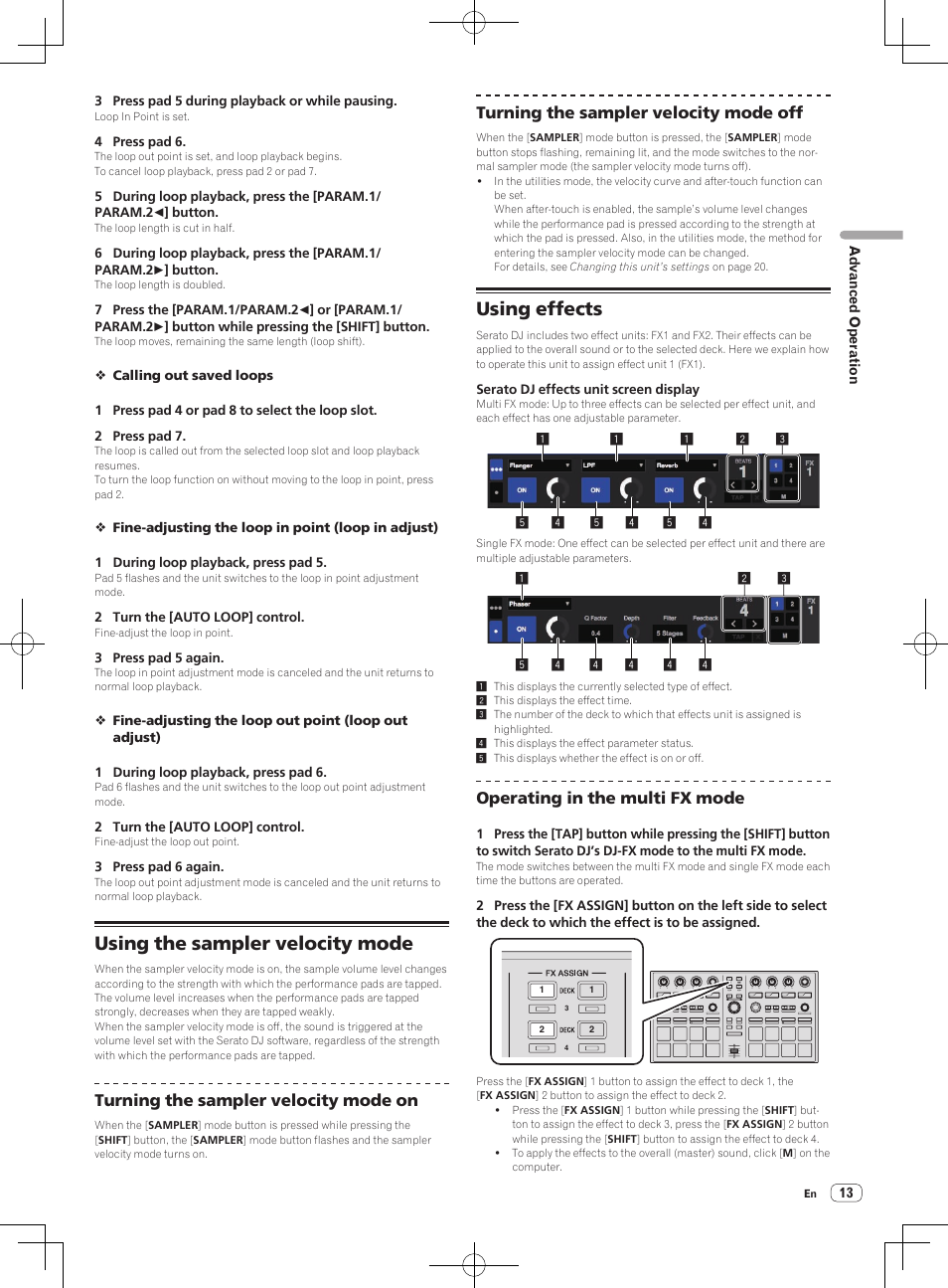 Using the sampler velocity mode, Using effects, Using the sampler velocity mode using effects | Turning the sampler velocity mode on, Turning the sampler velocity mode off, Operating in the multi fx mode | Pioneer DDJ-SP1 User Manual | Page 13 / 24