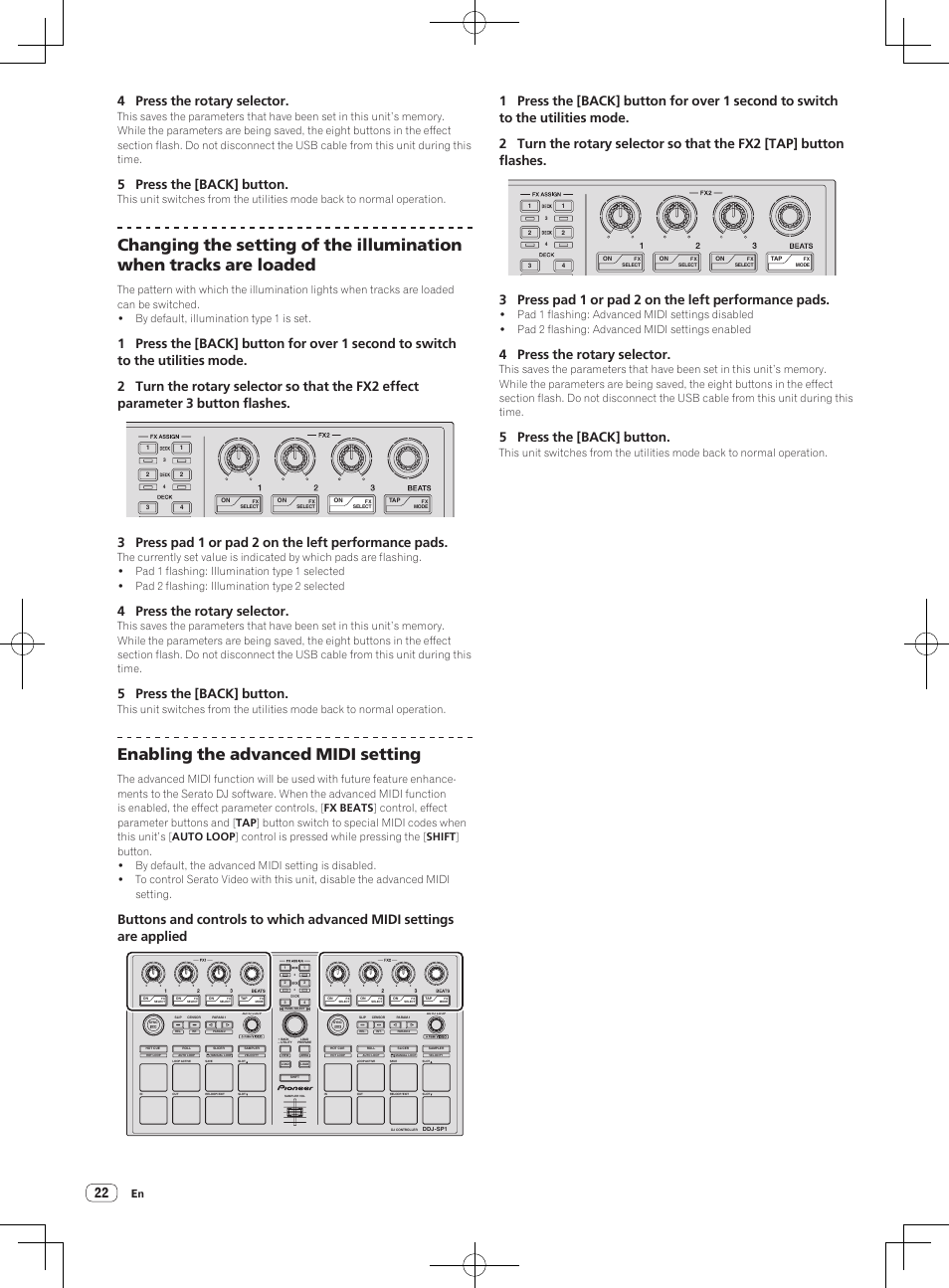 Enabling the advanced midi setting, 4 press the rotary selector, 5 press the [back] button | Pioneer DDJ-SP1 User Manual | Page 22 / 24