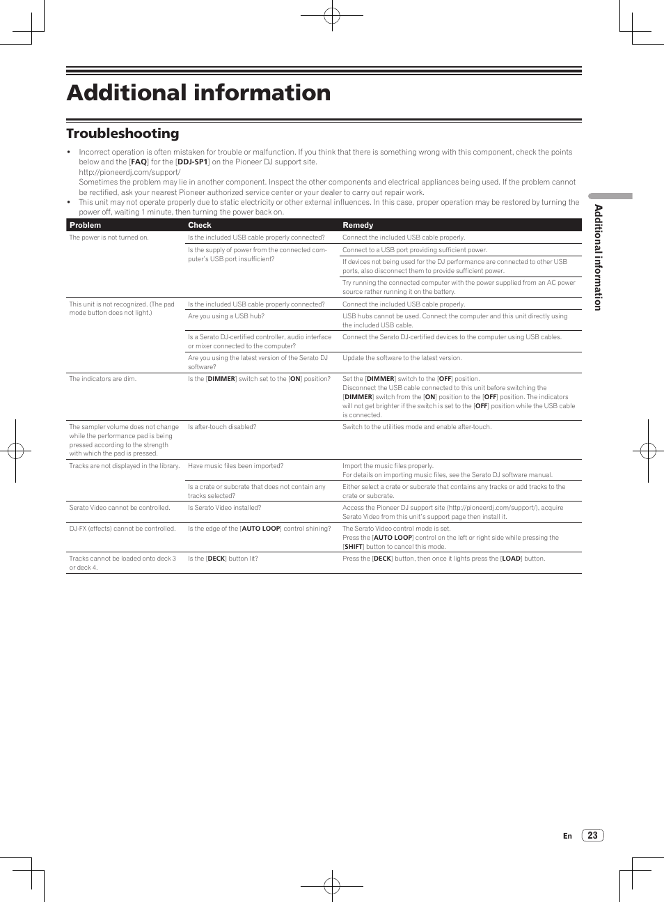 Additional information, Troubleshooting, 23 additional information | Pioneer DDJ-SP1 User Manual | Page 23 / 24