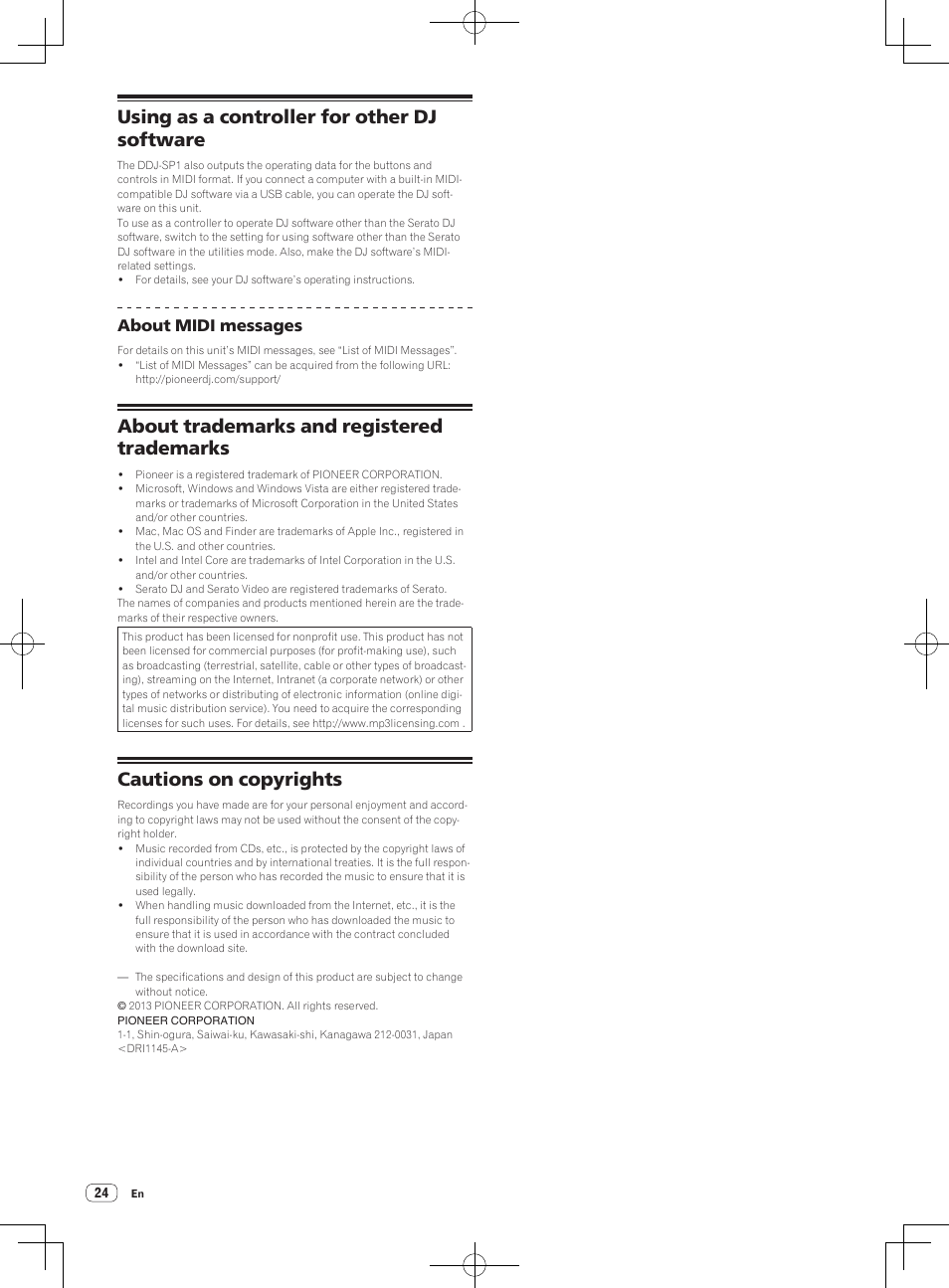 Using as a controller for other dj software, About trademarks and registered trademarks, Cautions on copyrights | Pioneer DDJ-SP1 User Manual | Page 24 / 24
