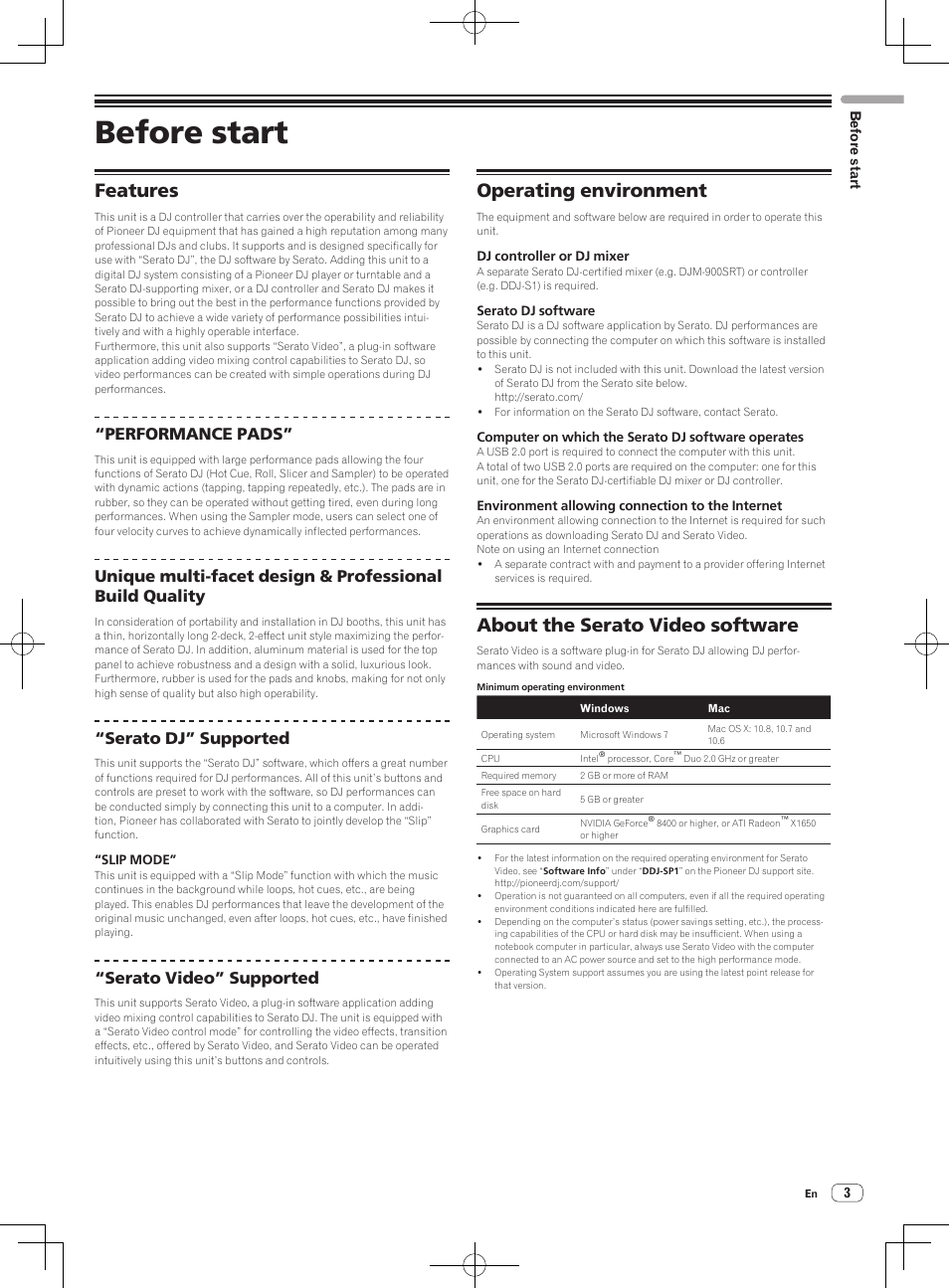 Before start, Features, Operating environment | About the serato video software, Performance pads, Serato dj” supported, Serato video” supported | Pioneer DDJ-SP1 User Manual | Page 3 / 24