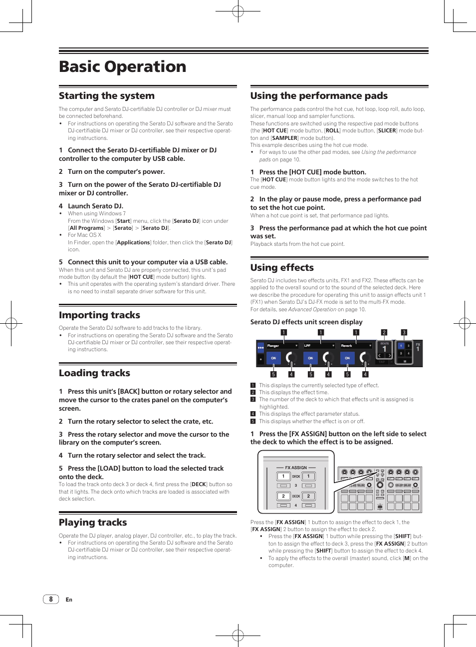 Basic operation, Starting the system, Importing tracks | Loading tracks, Playing tracks, Using the performance pads, Using effects | Pioneer DDJ-SP1 User Manual | Page 8 / 24