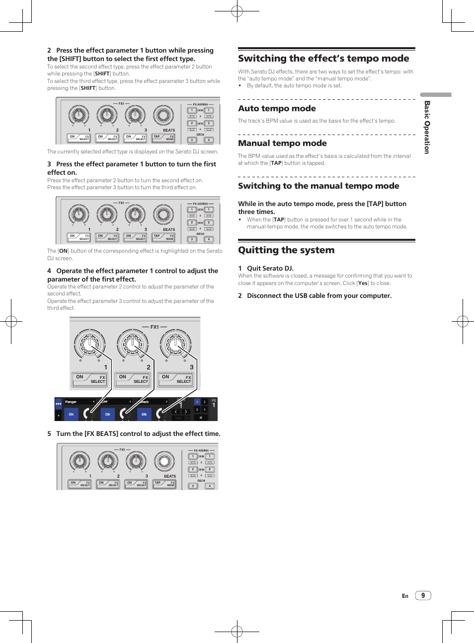 Switching the effect’s tempo mode, Quitting the system, Auto tempo mode | Manual tempo mode, Switching to the manual tempo mode, 9basic operation, 1 quit serato dj, 2 disconnect the usb cable from your computer | Pioneer DDJ-SP1 User Manual | Page 9 / 24