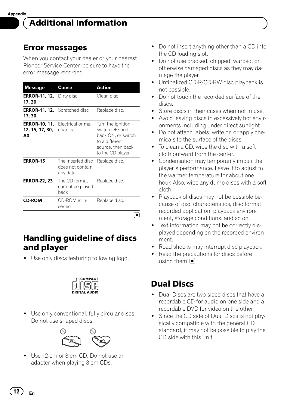 Additional information error messages, Handling guideline of discs and player, Dual discs | Error messages, Additional information | Pioneer DEH-110E User Manual | Page 12 / 107