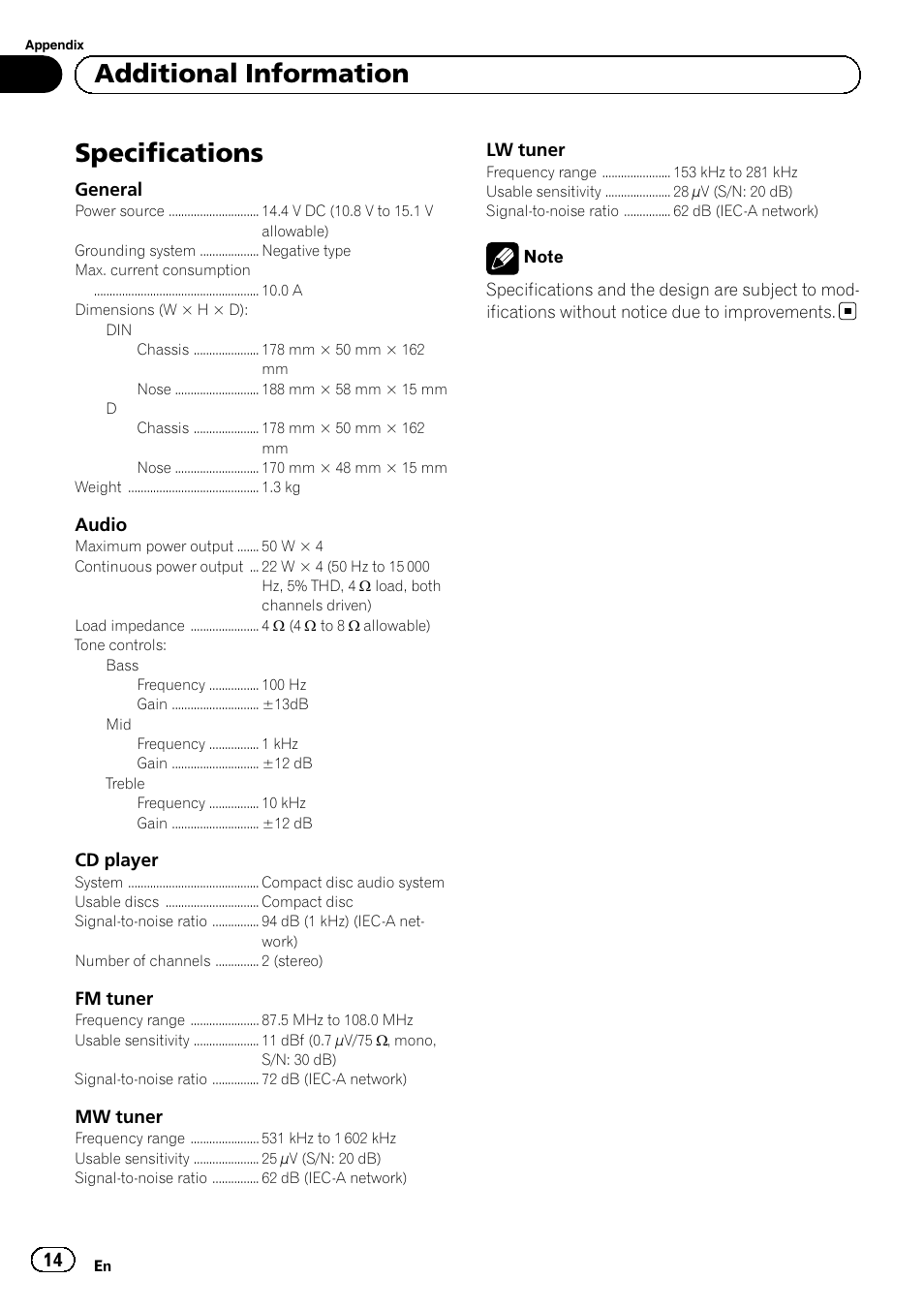Specifications, Additional information | Pioneer DEH-110E User Manual | Page 14 / 107