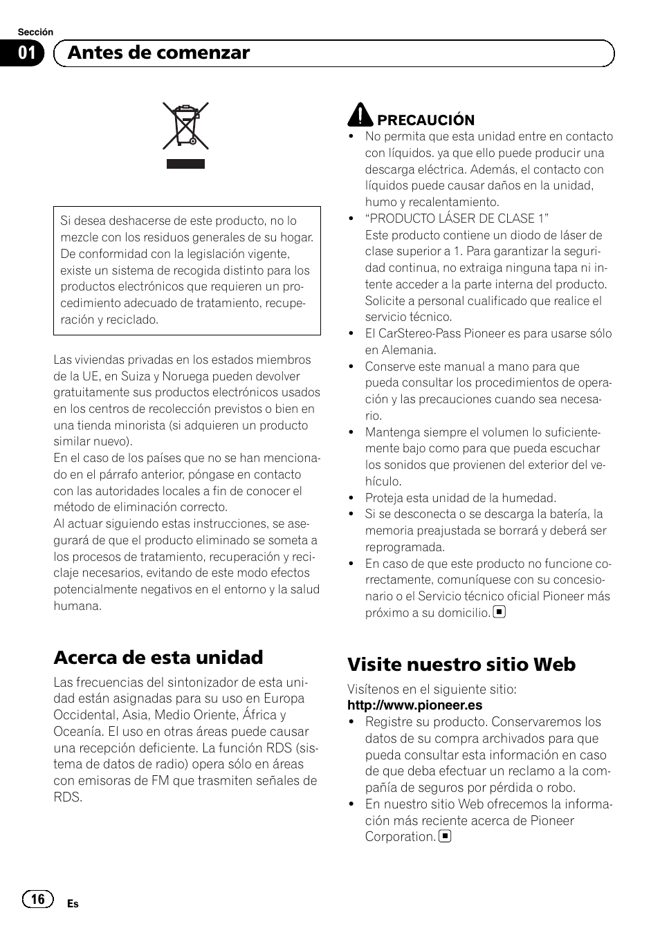 Antes de comenzar, Acerca de esta unidad, Visite nuestro sitio web | Pioneer DEH-110E User Manual | Page 16 / 107