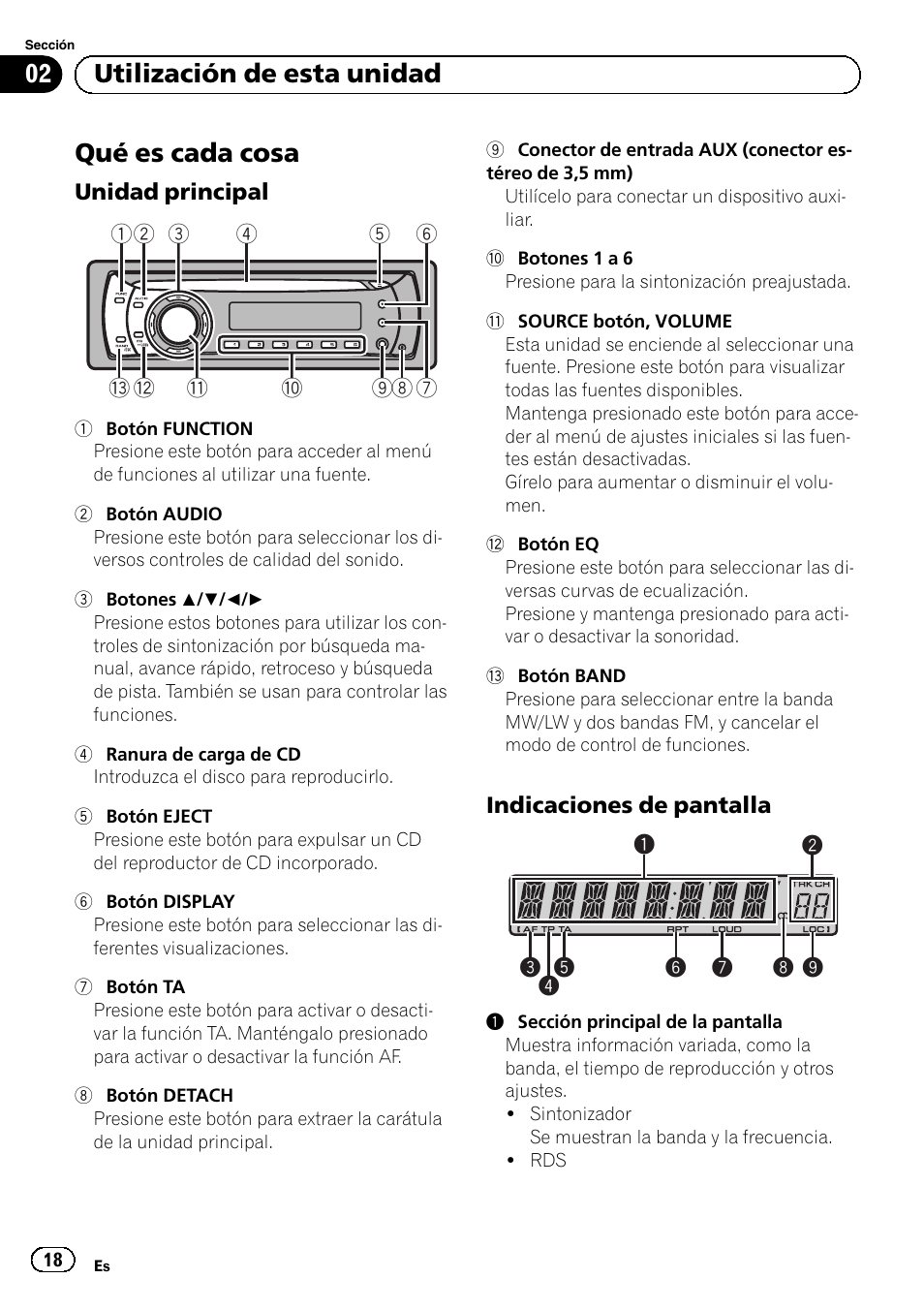 Utilización de esta unidad qué es cada cosa, Unidad principal 18, Indicaciones de pantalla 18 | Qué es cada cosa, Utilización de esta unidad | Pioneer DEH-110E User Manual | Page 18 / 107