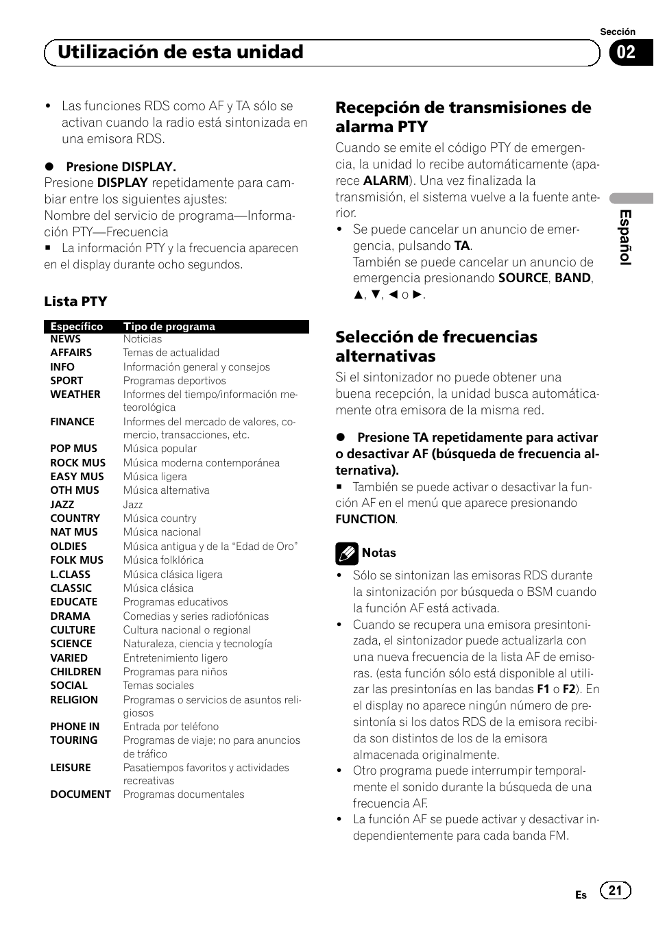 Recepción de transmisiones de alarma, Selección de frecuencias, Alternativas | Utilización de esta unidad, Recepción de transmisiones de alarma pty, Selección de frecuencias alternativas, Español | Pioneer DEH-110E User Manual | Page 21 / 107