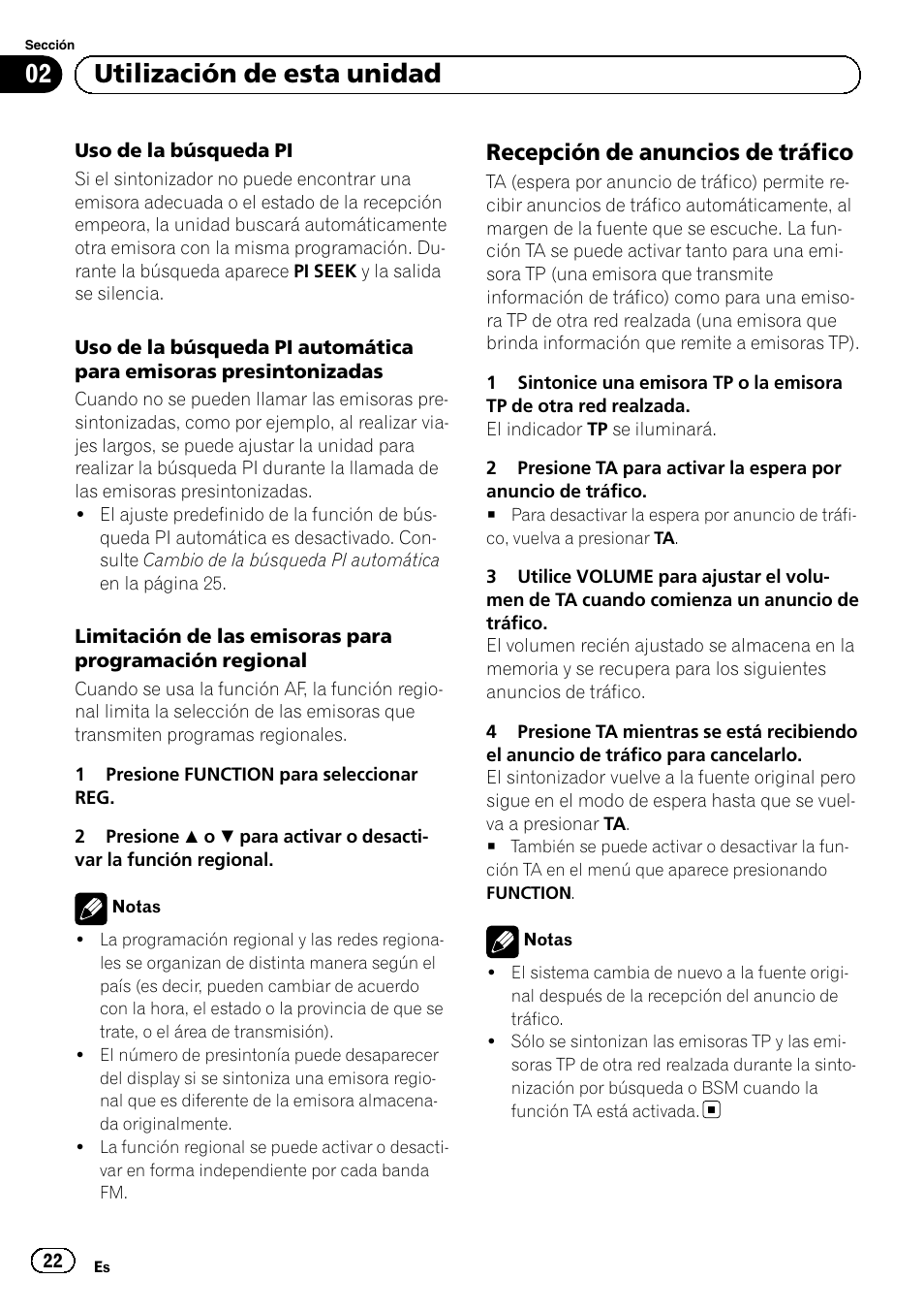 Recepción de anuncios de tráfico 22, Utilización de esta unidad, Recepción de anuncios de tráfico | Pioneer DEH-110E User Manual | Page 22 / 107