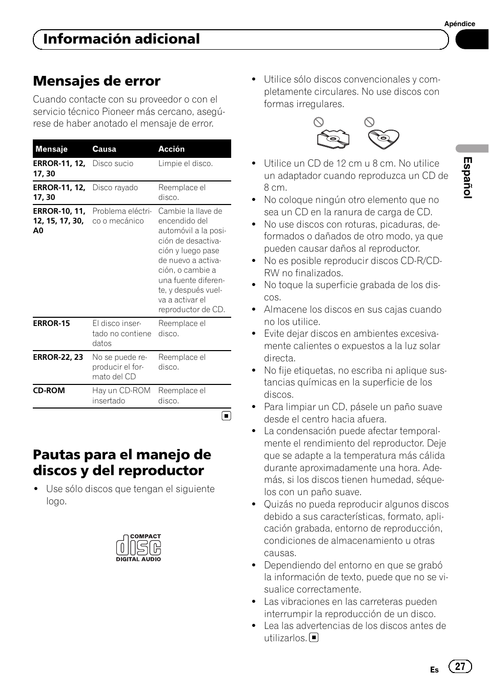 Información adicional mensajes de error, Pautas para el manejo de discos y del, Reproductor | Mensajes de error, Pautas para el manejo de discos y del reproductor, Información adicional | Pioneer DEH-110E User Manual | Page 27 / 107
