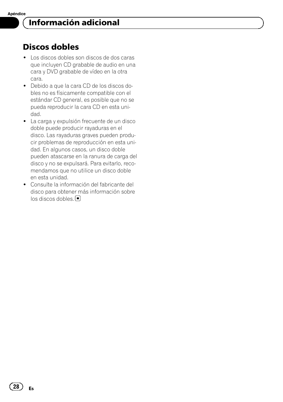Discos dobles, Información adicional | Pioneer DEH-110E User Manual | Page 28 / 107