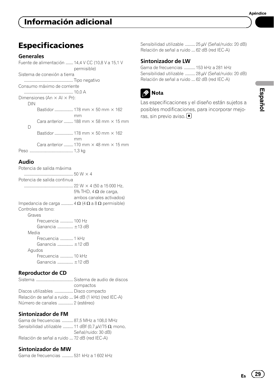 Especificaciones, Información adicional, Español | Pioneer DEH-110E User Manual | Page 29 / 107