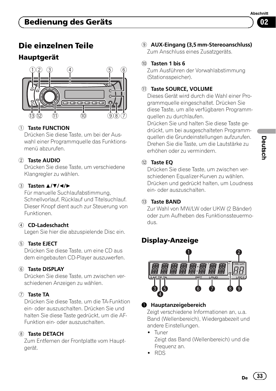 Bedienung des geräts die einzelnen teile, Hauptgerät 33, Display-anzeige 33 | Die einzelnen teile, Bedienung des geräts | Pioneer DEH-110E User Manual | Page 33 / 107