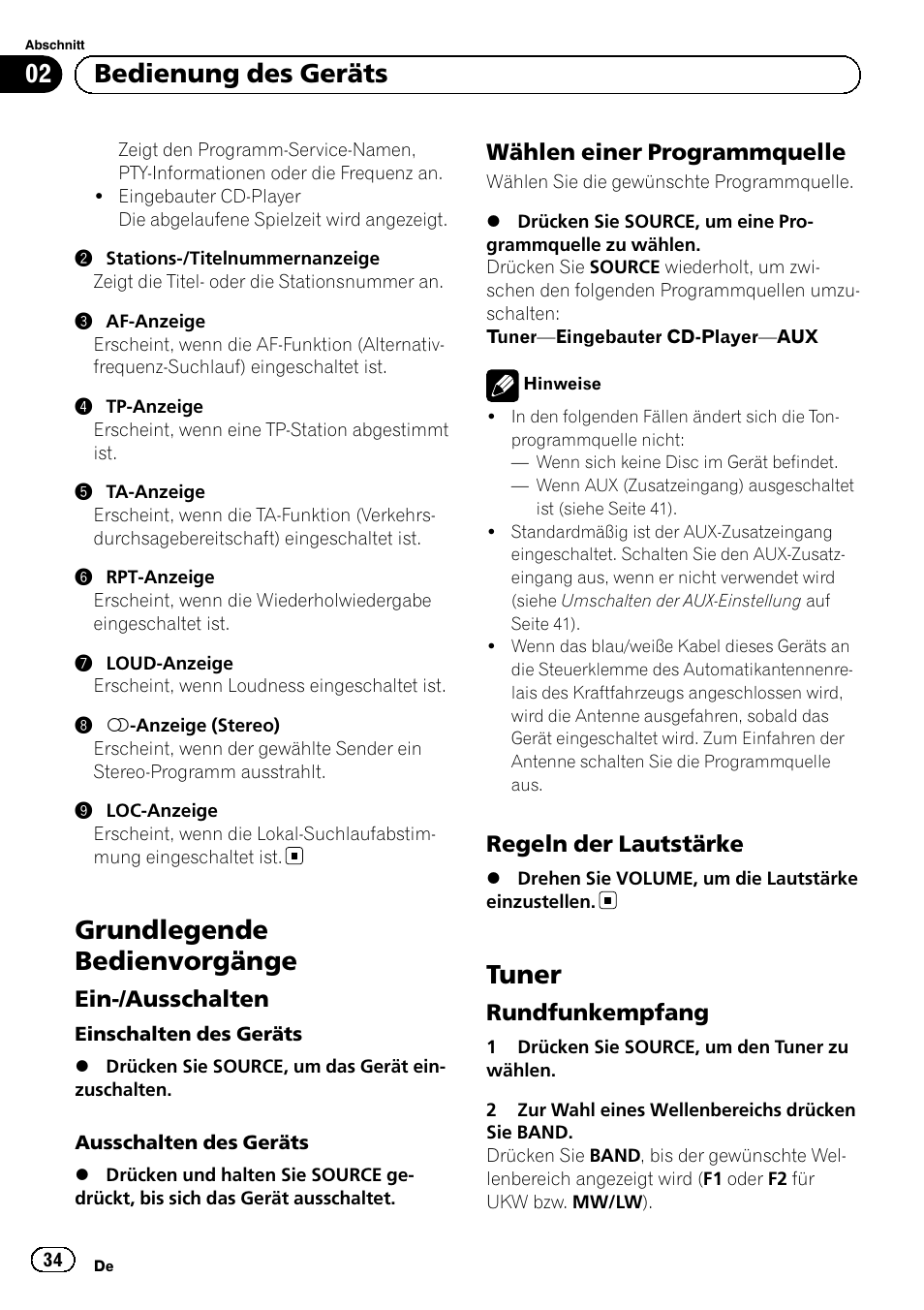 Grundlegende bedienvorgänge, Ein-/ausschalten 34, Wählen einer programmquelle 34 | Regeln der lautstärke 34, Tuner, Rundfunkempfang 34, Bedienung des geräts | Pioneer DEH-110E User Manual | Page 34 / 107