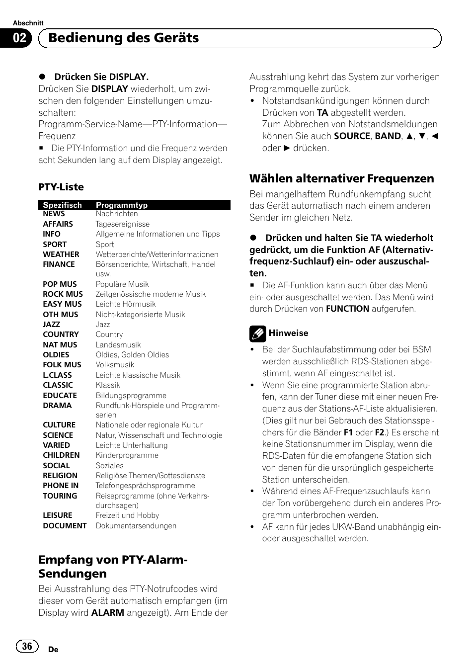 Empfang von pty-alarm, Sendungen, Wählen alternativer frequenzen 36 | Bedienung des geräts, Empfang von pty-alarm- sendungen, Wählen alternativer frequenzen, Pty-liste | Pioneer DEH-110E User Manual | Page 36 / 107