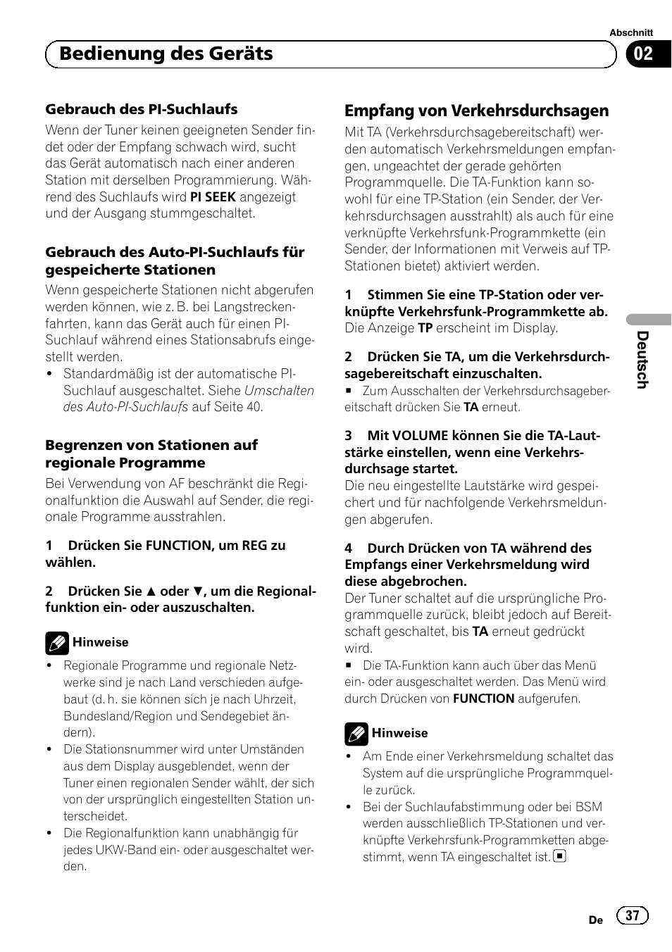 Empfang von verkehrsdurchsagen 37, Bedienung des geräts, Empfang von verkehrsdurchsagen | Pioneer DEH-110E User Manual | Page 37 / 107