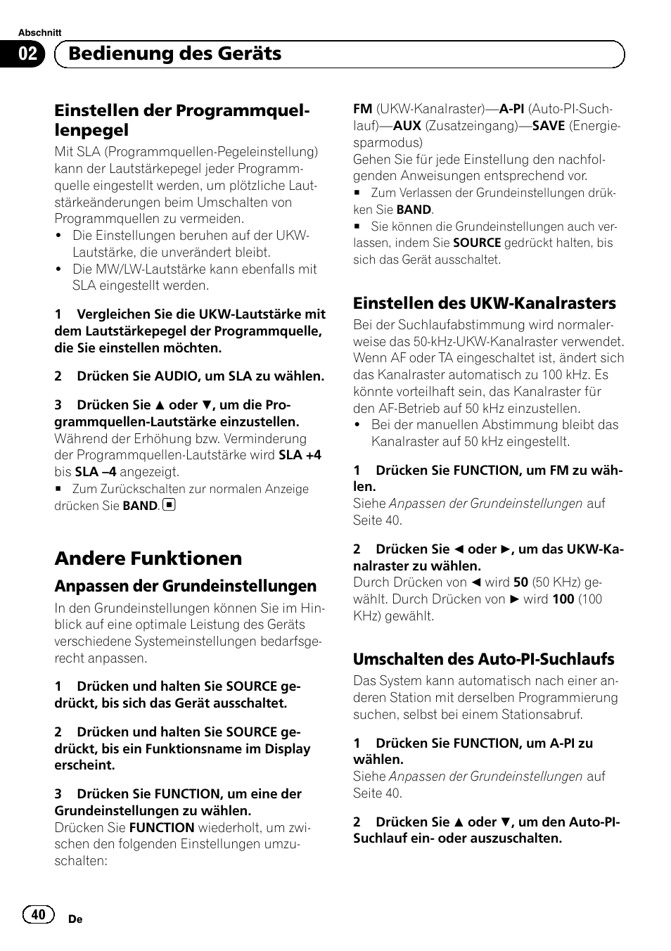 Einstellen der, Programmquellenpegel, Andere funktionen | Anpassen der grundeinstellungen 40, Einstellen des ukw-kanalrasters 40, Umschalten des auto-pi, Suchlaufs, Bedienung des geräts, Einstellen der programmquel- lenpegel, Anpassen der grundeinstellungen | Pioneer DEH-110E User Manual | Page 40 / 107
