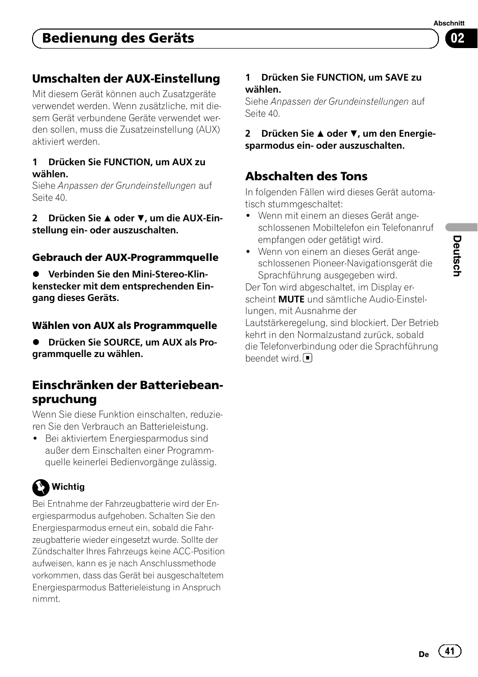 Umschalten der aux-einstellung 41, Einschränken der, Batteriebeanspruchung | Abschalten des tons 41, Bedienung des geräts | Pioneer DEH-110E User Manual | Page 41 / 107