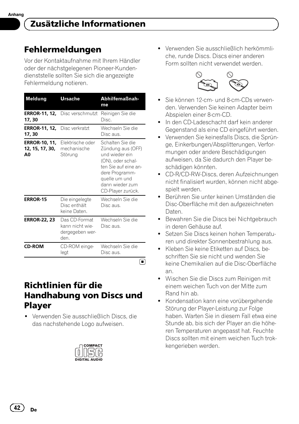 Zusätzliche informationen fehlermeldungen, Richtlinien für die handhabung von discs, Und player | Fehlermeldungen, Zusätzliche informationen | Pioneer DEH-110E User Manual | Page 42 / 107