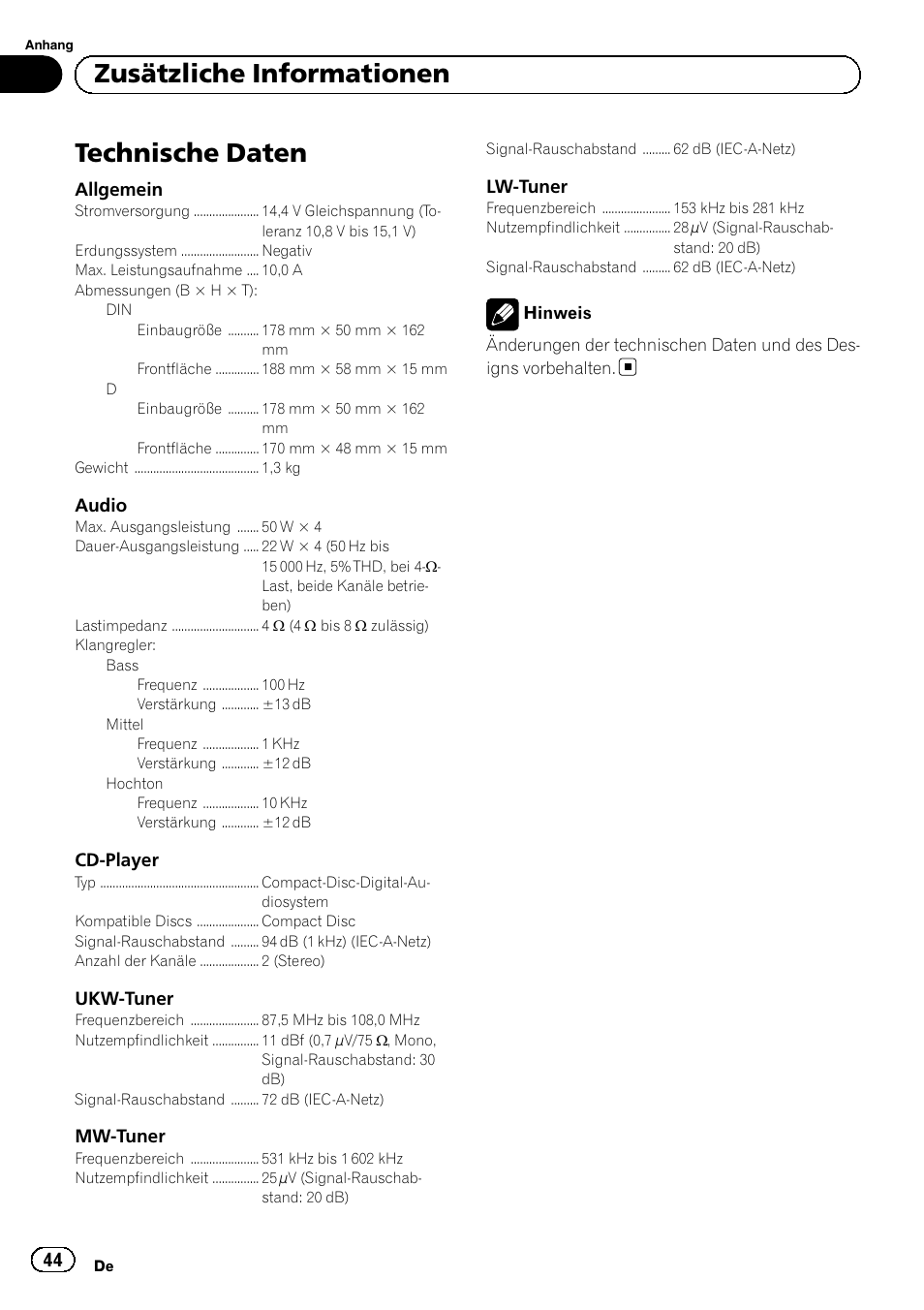 Technische daten, Zusätzliche informationen | Pioneer DEH-110E User Manual | Page 44 / 107