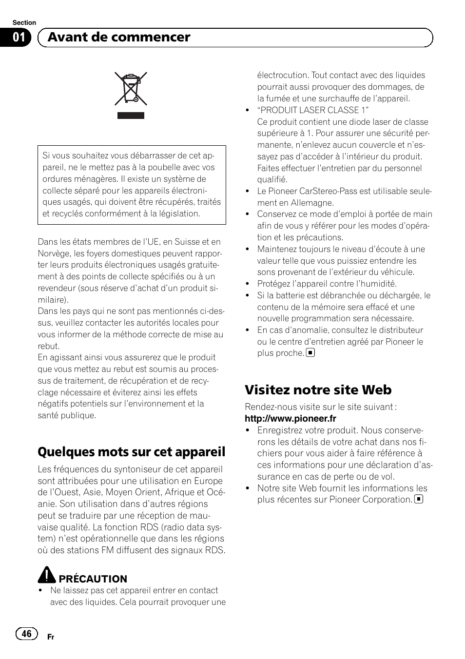 Avant de commencer, Quelques mots sur cet appareil, Visitez notre site web | Pioneer DEH-110E User Manual | Page 46 / 107