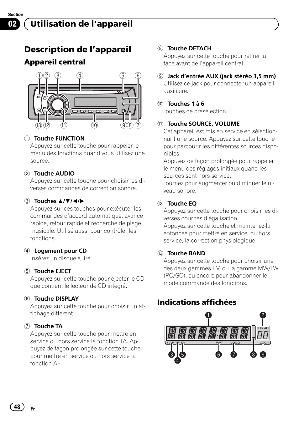 Utilisation de l, Appareil, Description de l | Appareil 48, Appareil central 48, Indications affichées 48, Description de l ’appareil, Utilisation de l ’appareil | Pioneer DEH-110E User Manual | Page 48 / 107