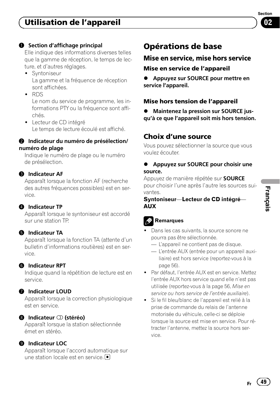 Opérations de base, Mise en service, mise hors service 49, Choix d’une source 49 | Utilisation de l ’appareil, Mise en service, mise hors service, Choix d ’une source | Pioneer DEH-110E User Manual | Page 49 / 107