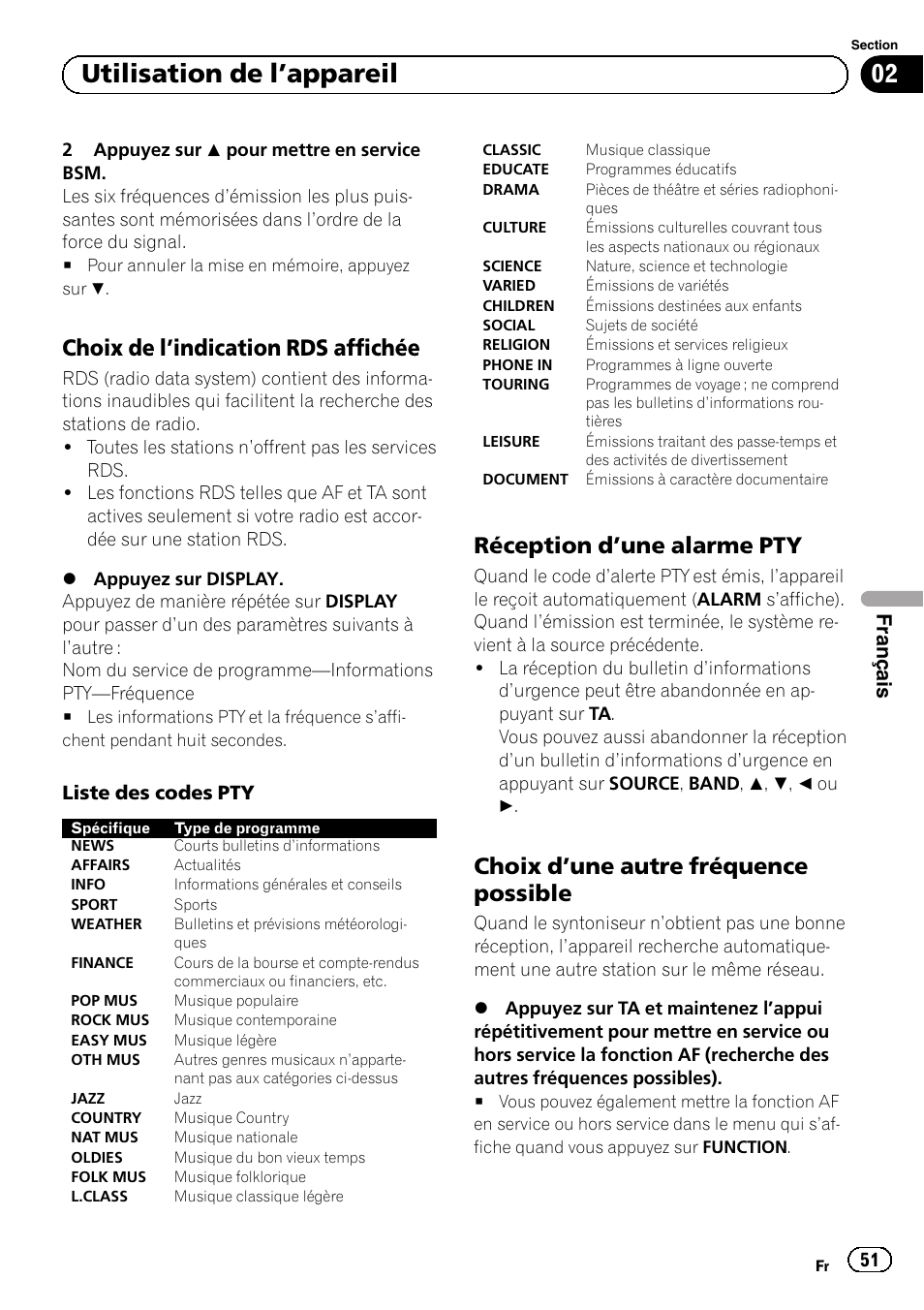 Choix de l’indication rds affichée 51, Réception d’une alarme pty 51, Choix d’une autre fréquence | Possible, Utilisation de l ’appareil, Choix de l ’indication rds affichée, Réception d ’une alarme pty, Choix d ’une autre fréquence possible, Français | Pioneer DEH-110E User Manual | Page 51 / 107