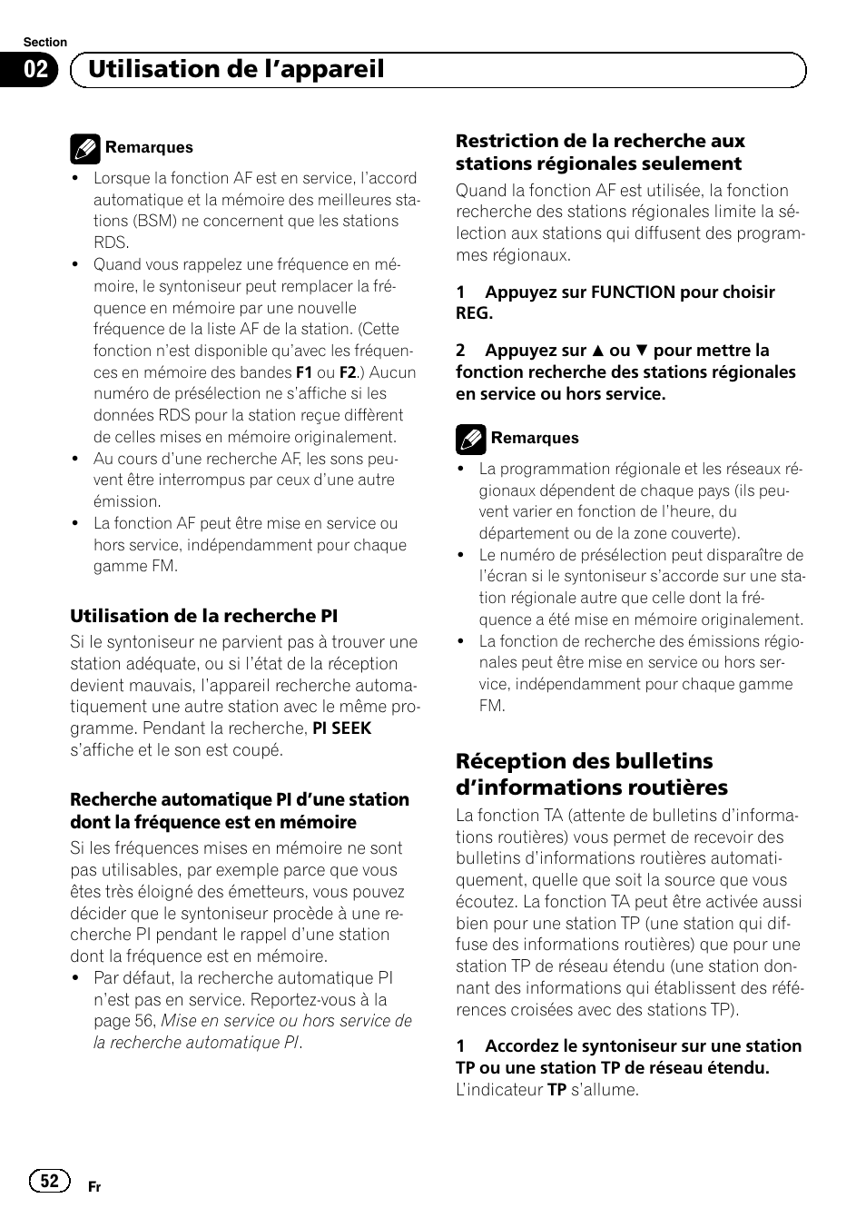 Réception des bulletins d’informations, Routières, Utilisation de l ’appareil | Réception des bulletins d ’informations routières | Pioneer DEH-110E User Manual | Page 52 / 107