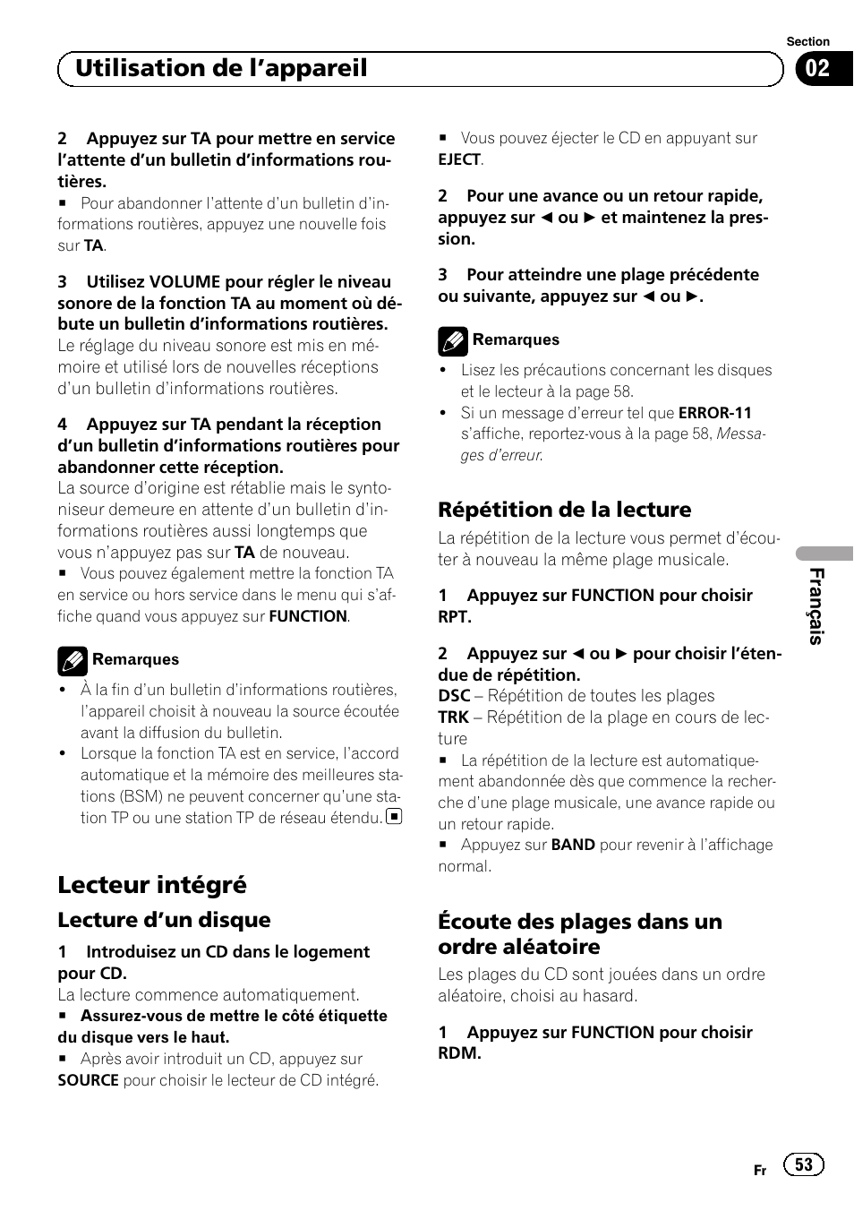 Lecteur intégré, Lecture d’un disque 53, Répétition de la lecture 53 | Écoute des plages dans un ordre, Aléatoire, Utilisation de l ’appareil, Lecture d ’un disque, Répétition de la lecture, Écoute des plages dans un ordre aléatoire | Pioneer DEH-110E User Manual | Page 53 / 107