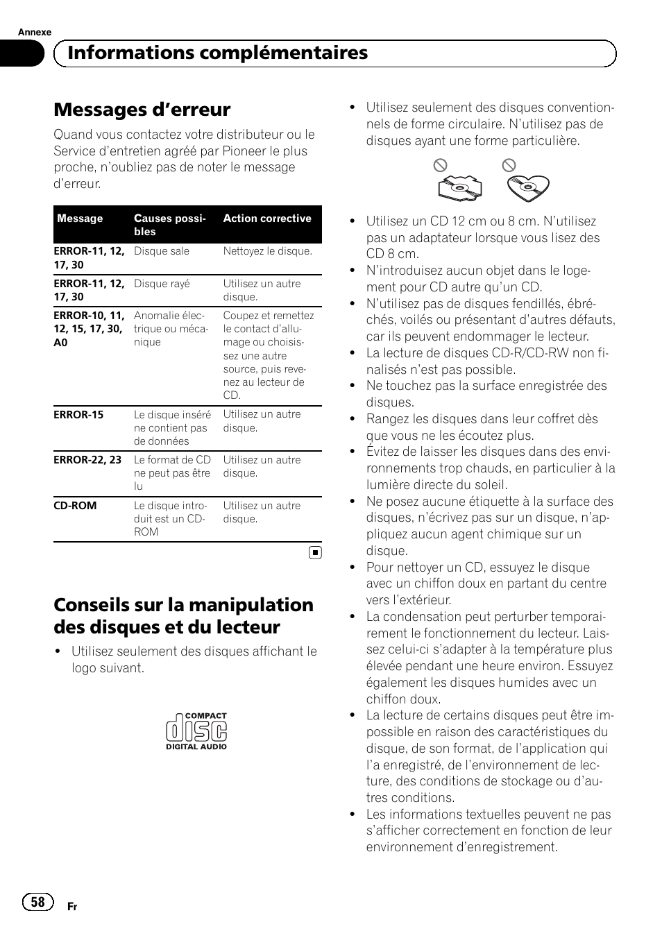 Informations complémentaires messages d, Erreur 58, Conseils sur la manipulation des disques et | Du lecteur, Ges d, Erreur, Messages d ’erreur, Informations complémentaires | Pioneer DEH-110E User Manual | Page 58 / 107