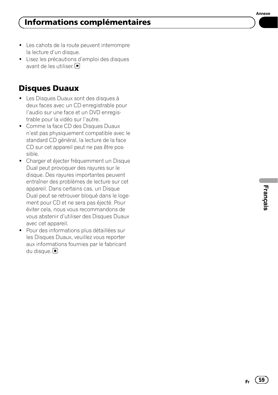 Disques duaux, Informations complémentaires | Pioneer DEH-110E User Manual | Page 59 / 107