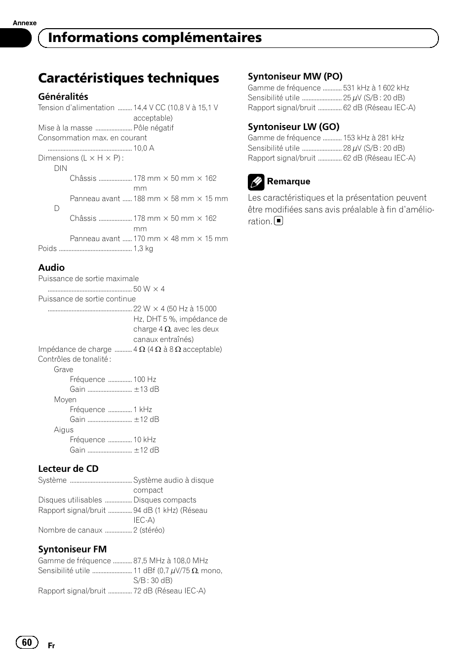 Caractéristiques techniques, Informations complémentaires | Pioneer DEH-110E User Manual | Page 60 / 107