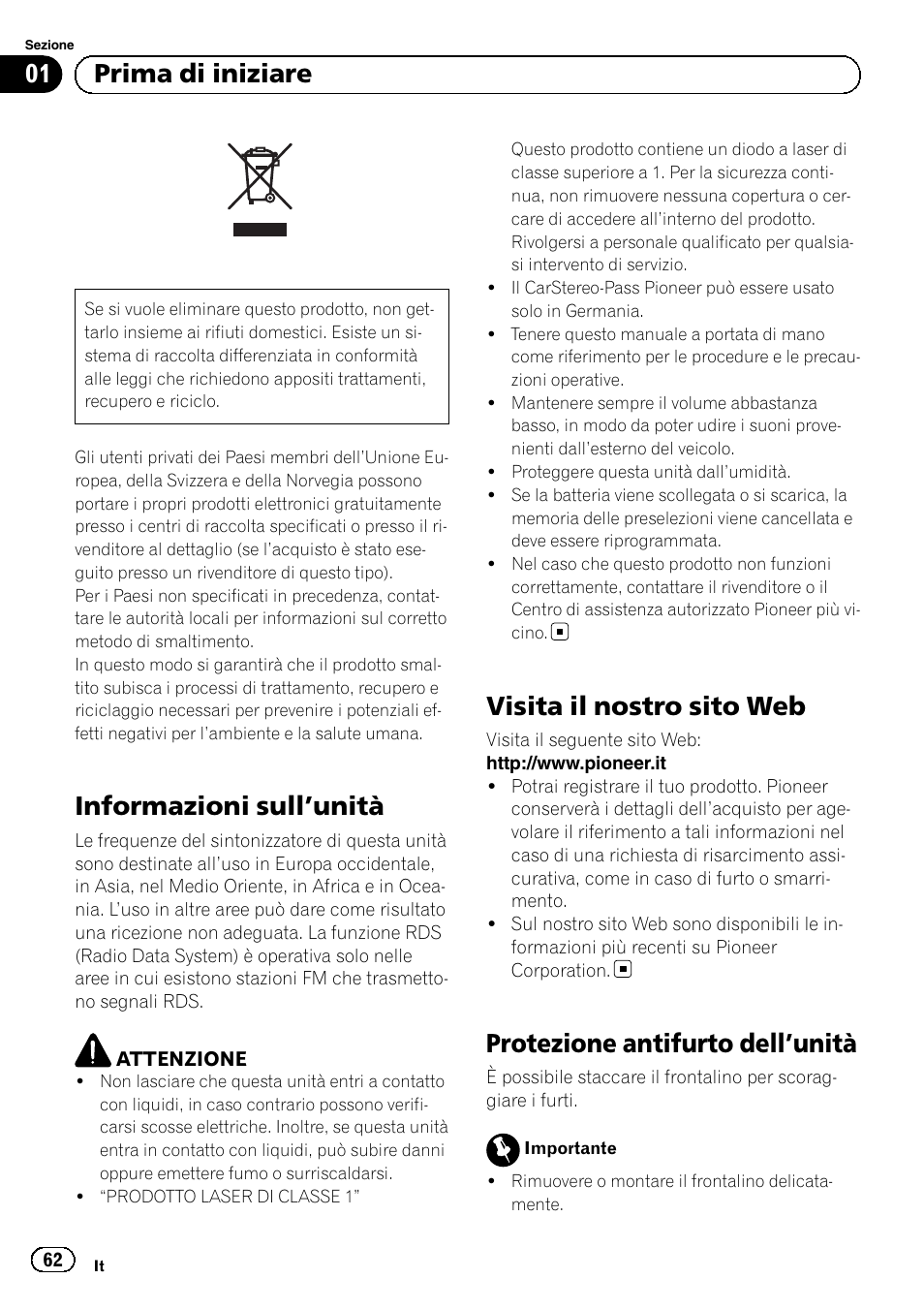 Prima di iniziare, Informazioni sull, Unità 62 | Visita il nostro sito web, Protezione antifurto dell, Informazioni sull ’unità, Protezione antifurto dell ’unità | Pioneer DEH-110E User Manual | Page 62 / 107