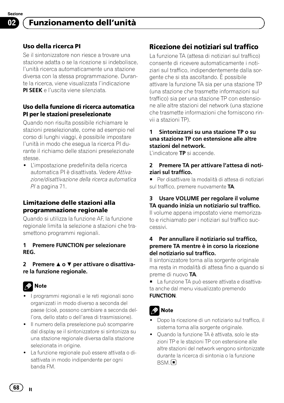 Ricezione dei notiziari sul traffico 68, Funzionamento dell ’unità, Ricezione dei notiziari sul traffico | Pioneer DEH-110E User Manual | Page 68 / 107