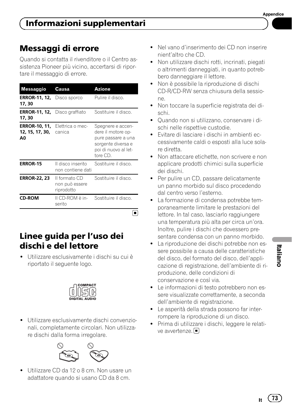 Informazioni supplementari messaggi di errore, Linee guida per l, Uso dei dischi e del | Lettore, Messaggi di errore, Linee guida per l ’uso dei dischi e del lettore, Informazioni supplementari | Pioneer DEH-110E User Manual | Page 73 / 107