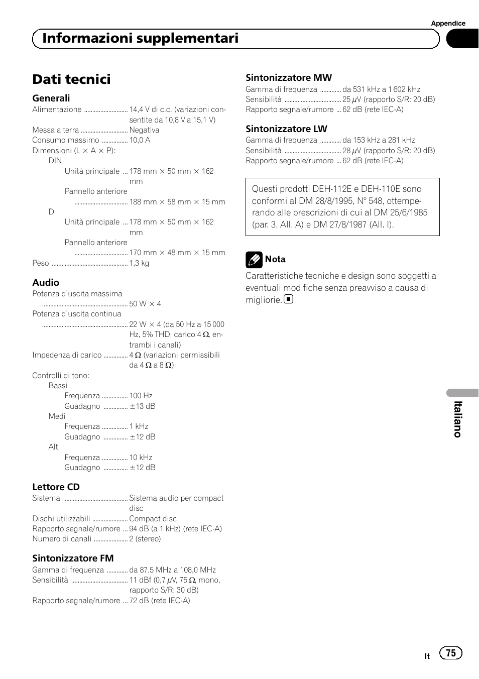 Dati tecnici, Informazioni supplementari, Italiano | Pioneer DEH-110E User Manual | Page 75 / 107