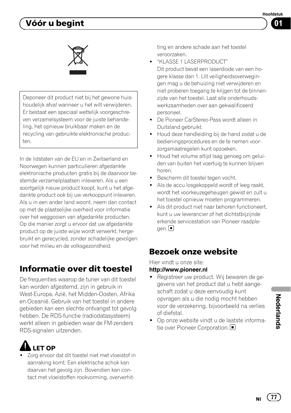 Vóór u begint, Informatie over dit toestel, Bezoek onze website | Pioneer DEH-110E User Manual | Page 77 / 107