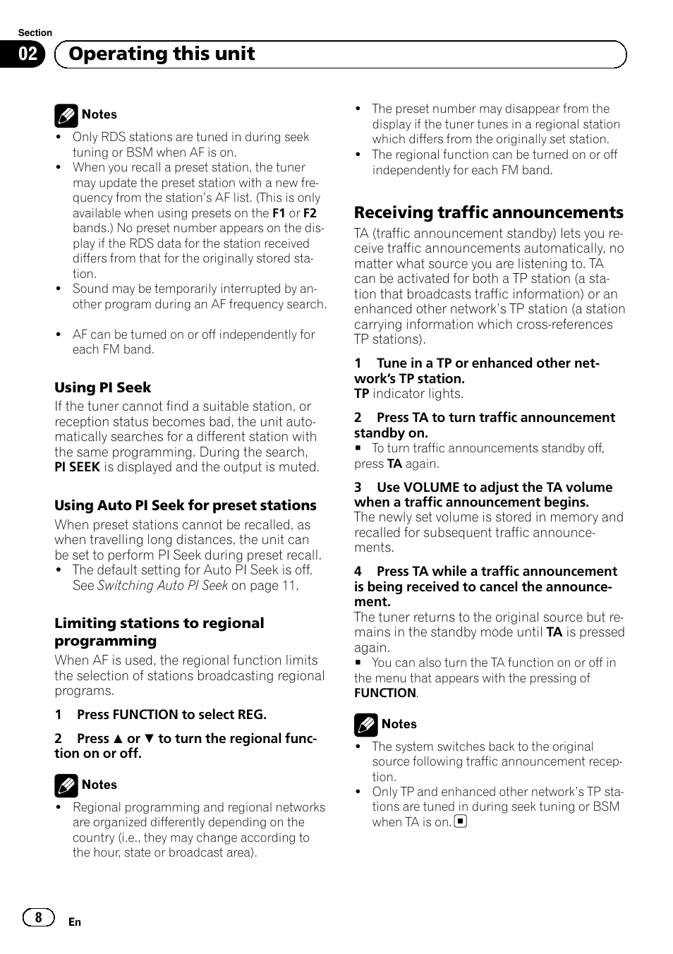 Receiving traffic announcements 8, Operating this unit, Receiving traffic announcements | Pioneer DEH-110E User Manual | Page 8 / 107