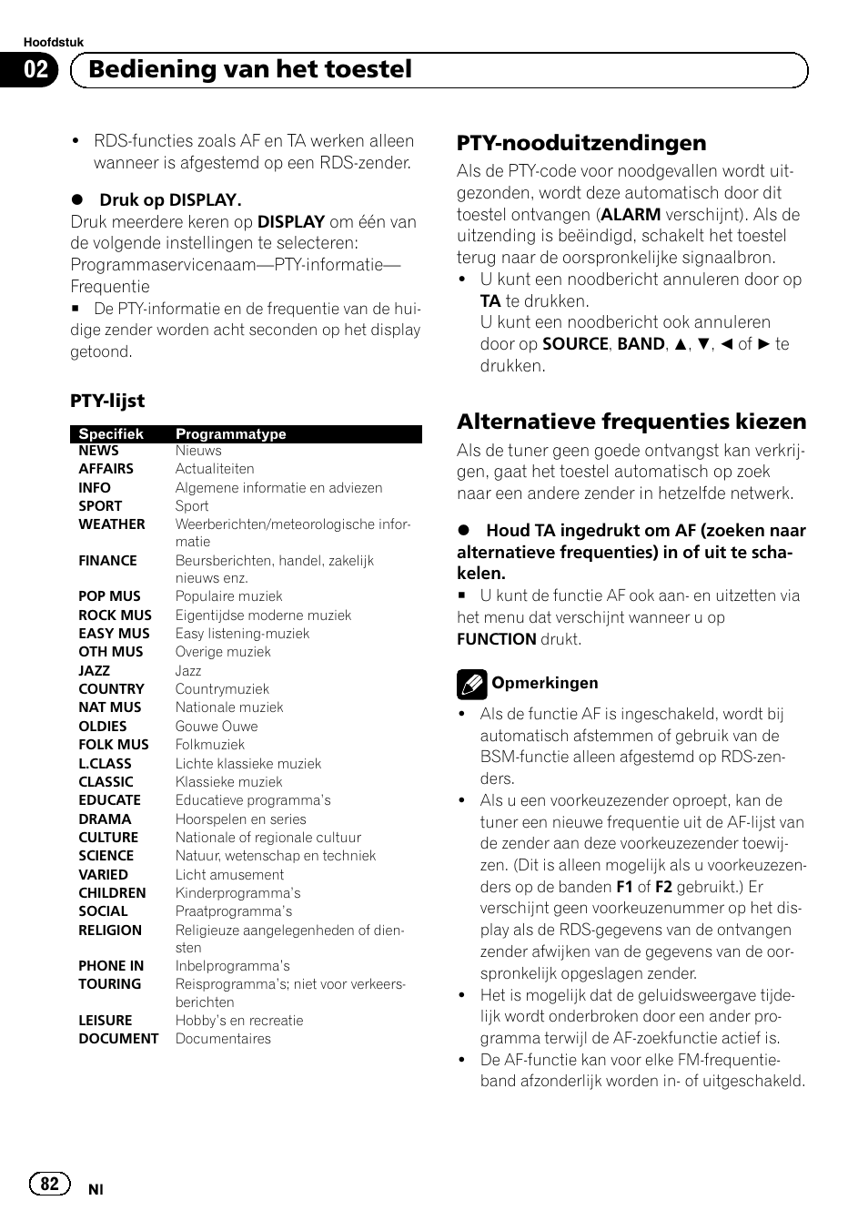 Pty-nooduitzendingen 82, Alternatieve frequenties kiezen 82, Bediening van het toestel | Pty-nooduitzendingen, Alternatieve frequenties kiezen, Pty-lijst | Pioneer DEH-110E User Manual | Page 82 / 107