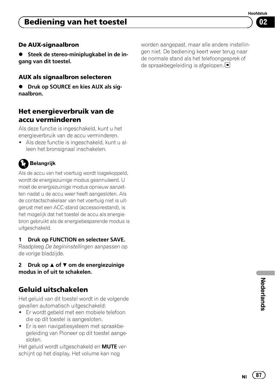 Het energieverbruik van de accu, Verminderen, Geluid uitschakelen 87 | Bediening van het toestel | Pioneer DEH-110E User Manual | Page 87 / 107