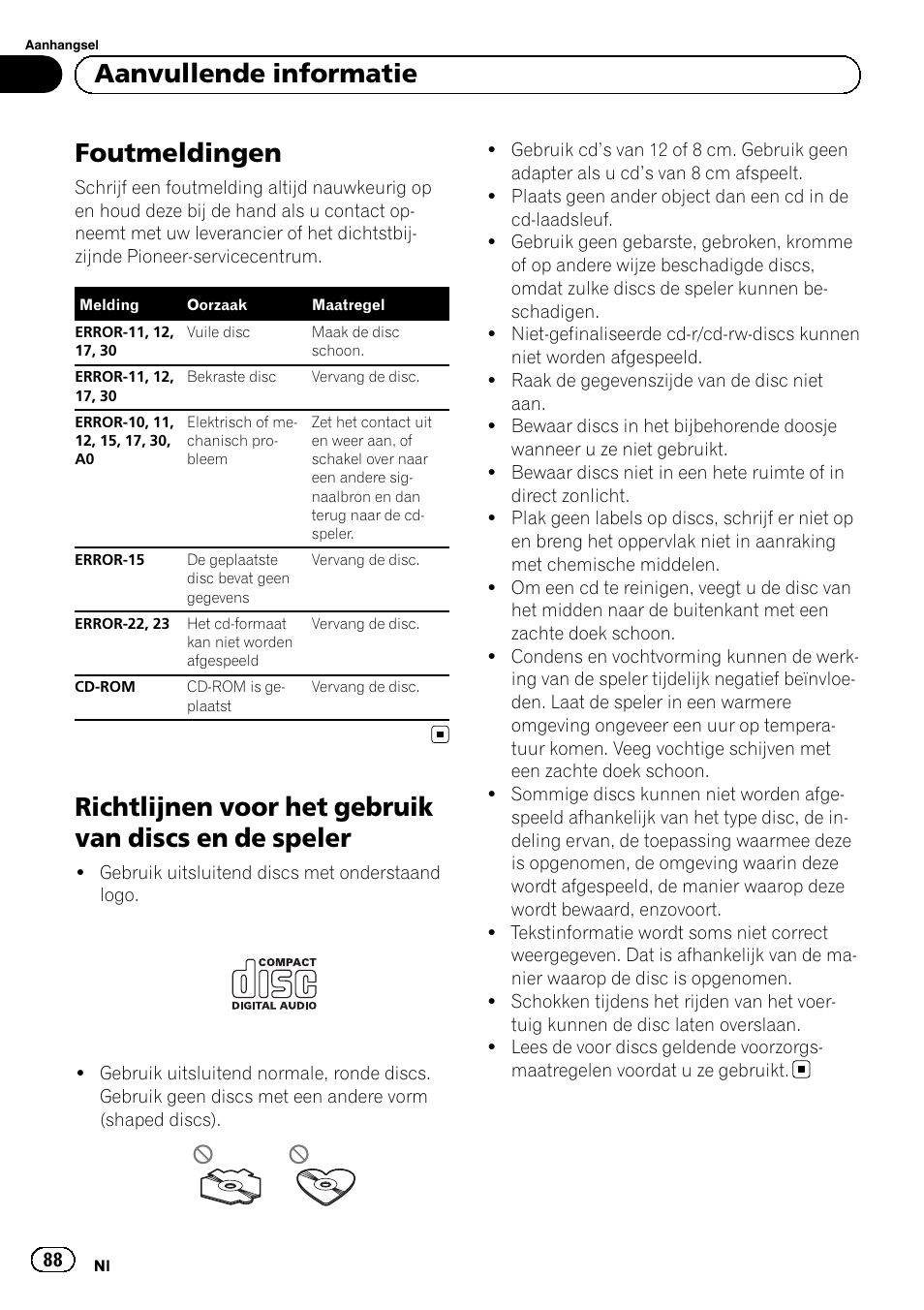 Aanvullende informatie foutmeldingen, Richtlijnen voor het gebruik van discs en de, Speler | Foutmeldingen, Aanvullende informatie | Pioneer DEH-110E User Manual | Page 88 / 107