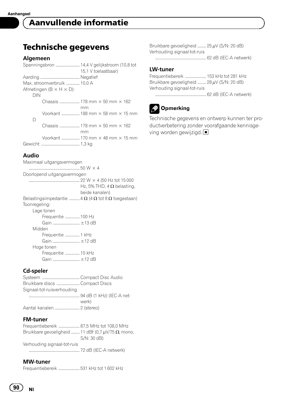 Technische gegevens, Aanvullende informatie | Pioneer DEH-110E User Manual | Page 90 / 107