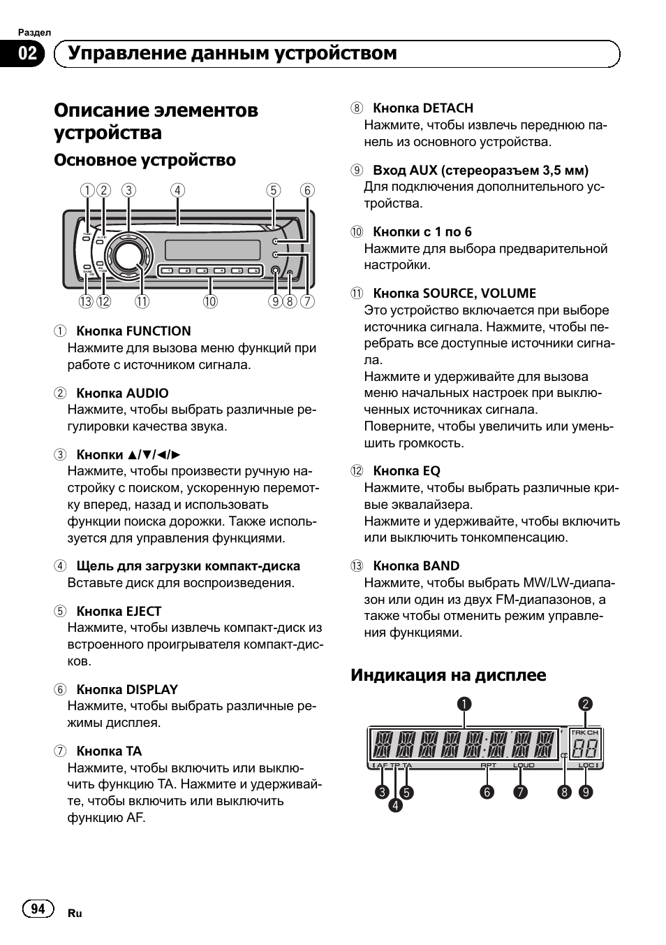 Управление данным устройством, Описание элементов устройства 94, Основное устройство 94 | Индикация на дисплее 94, Описание элементов устройства | Pioneer DEH-110E User Manual | Page 94 / 107