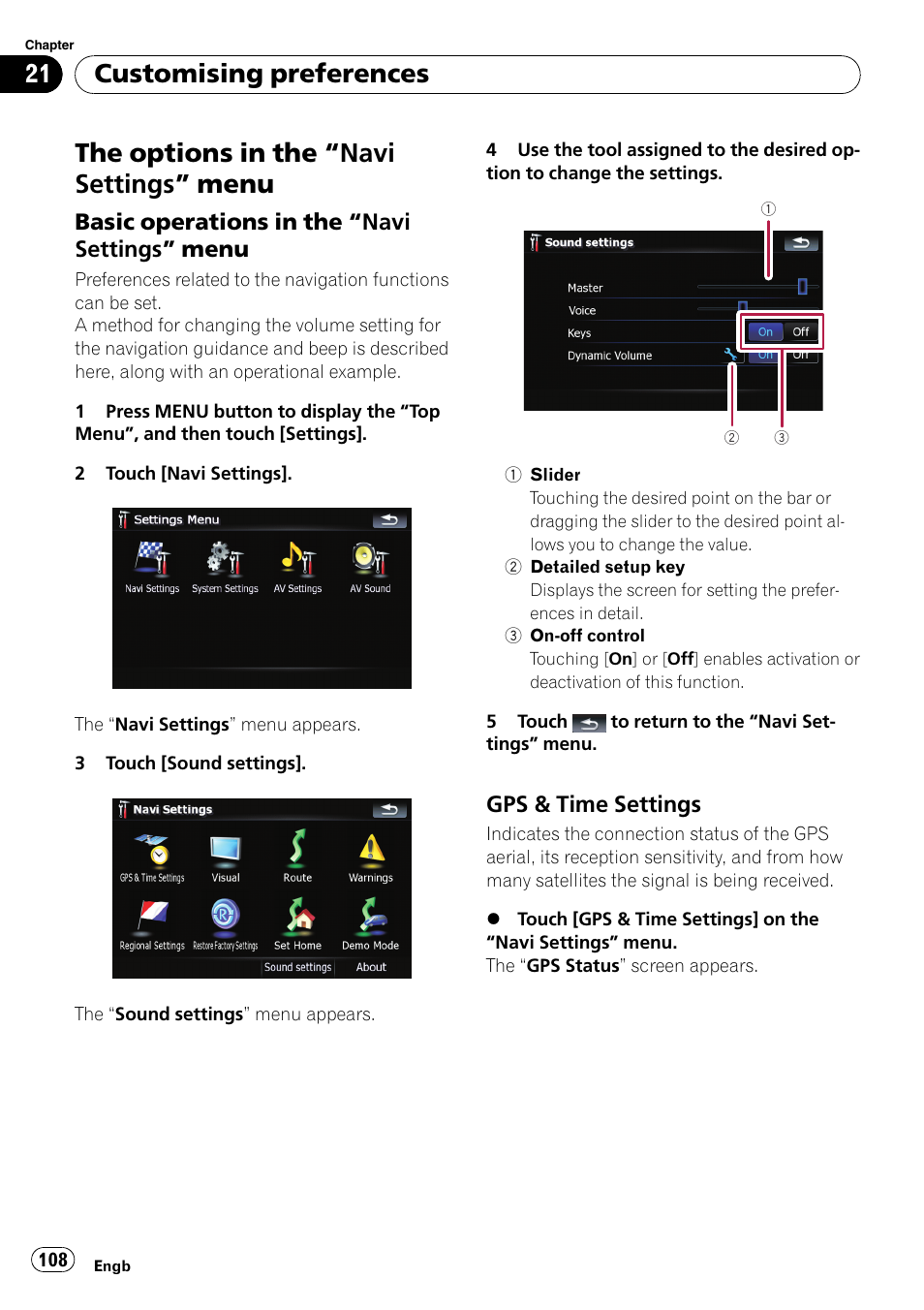 Customising preferences the options in the, Navi settings, Menu | Basic operations in the “navi settings, Gps & time settings 108, Chapter 21, The options in the “navi settings ” menu, Customising preferences | Pioneer AVIC F900BT User Manual | Page 108 / 168