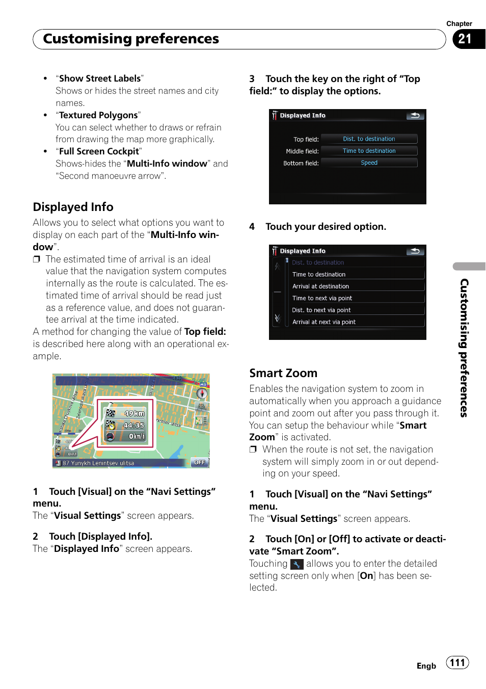 Displayed info 111, Smart zoom 111, Displayed info on | Customising preferences, Displayed info, Smart zoom | Pioneer AVIC F900BT User Manual | Page 111 / 168