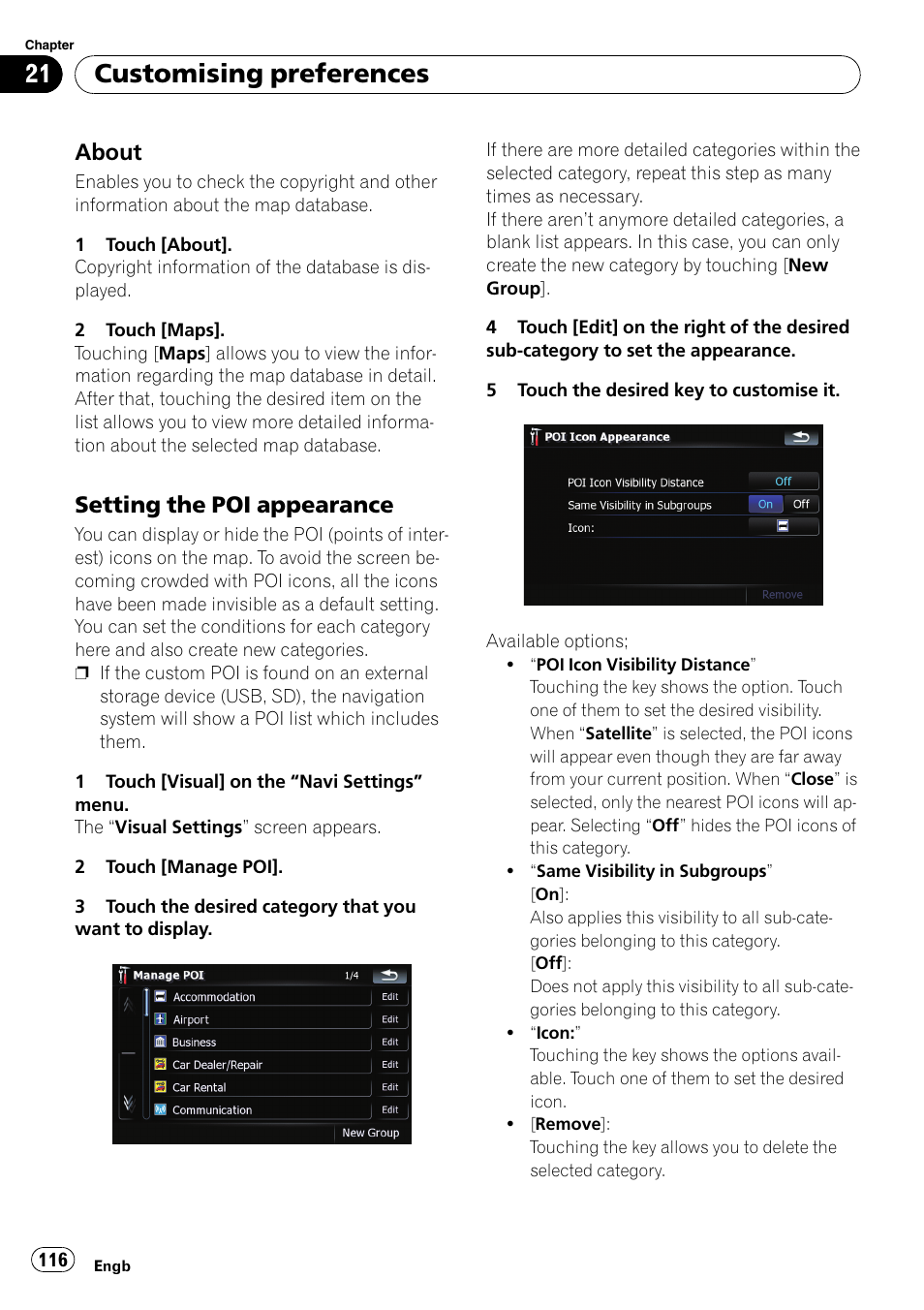 About 116, Setting the poi appearance 116, Customising preferences | About, Setting the poi appearance | Pioneer AVIC F900BT User Manual | Page 116 / 168