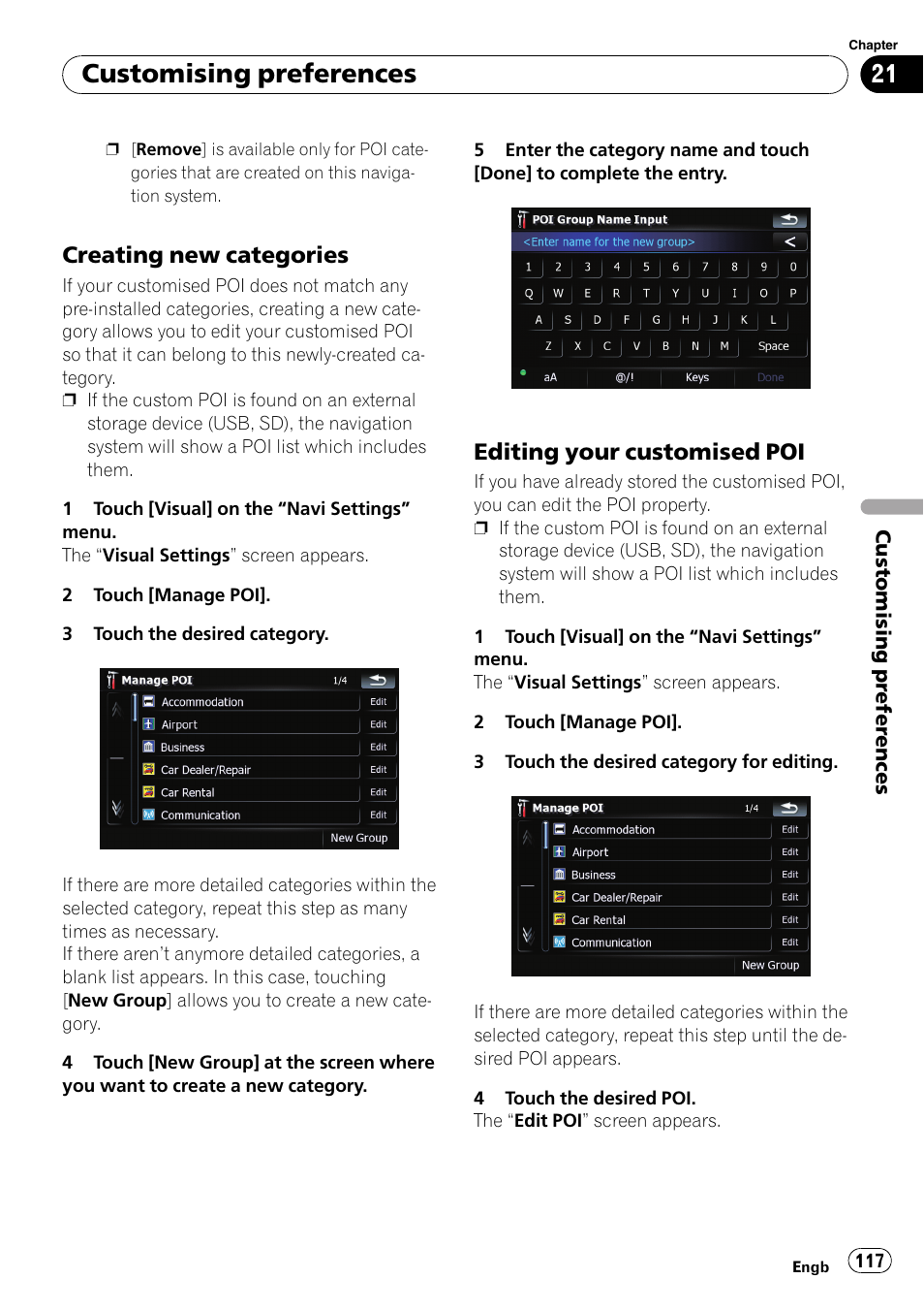 Creating new categories 117, Editing your customised poi 117, Customising preferences | Creating new categories, Editing your customised poi | Pioneer AVIC F900BT User Manual | Page 117 / 168