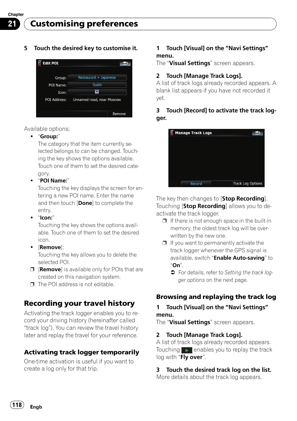 Recording your travel history 118, Customising preferences, Recording your travel history | Pioneer AVIC F900BT User Manual | Page 118 / 168