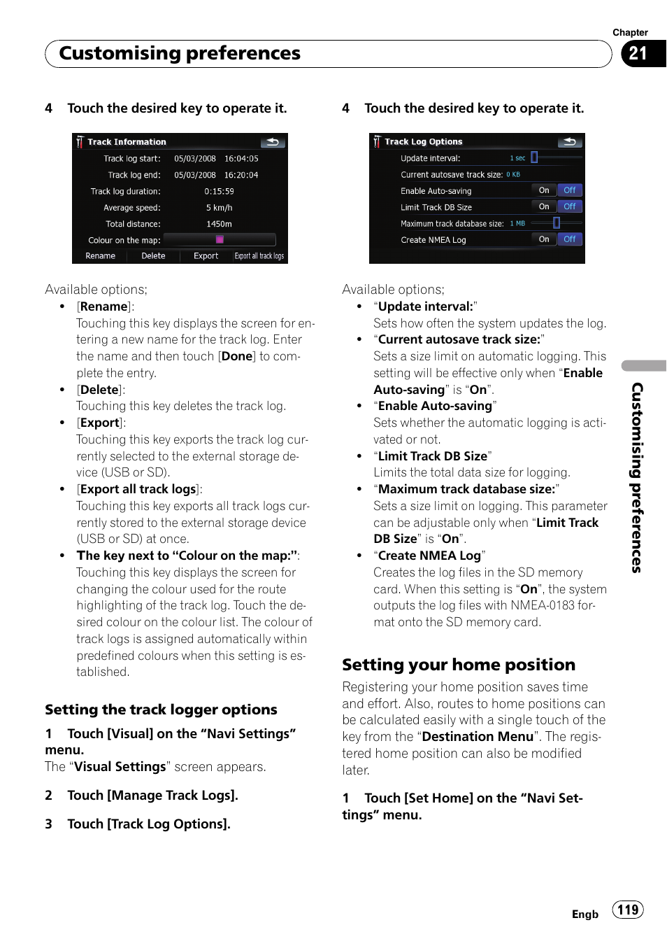 Setting your home position 119, Setting your home, Setting your home po | Customising preferences, Setting your home position | Pioneer AVIC F900BT User Manual | Page 119 / 168